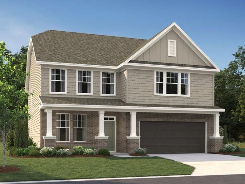 Front exterior of a new home in The Pointe at Heron Bay, Locust Grove, GA, highlighting curb appeal (Image 10). Front exterior of a new home in The Pointe at Heron Bay, Locust Grove, GA, highlighting curb appeal (Image 10).