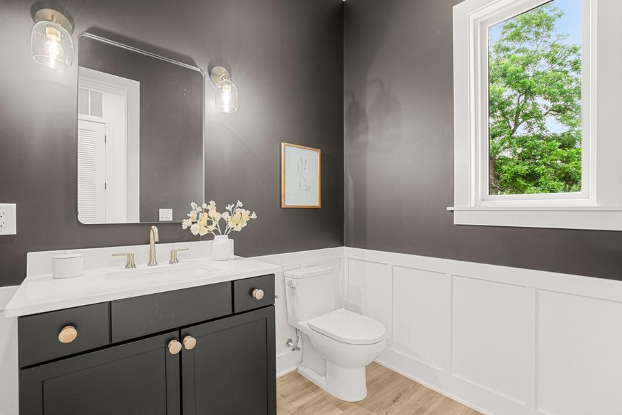 Bathroom featuring wainscoting, toilet, wood finished floors, vanity, and a decorative wall