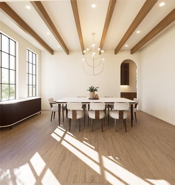 With its understated palette and striking ceiling detail, this dining room balances simplicity with character. The space feels open and airy, offering the perfect backdrop for everything from quiet mornings to lively dinner parties.