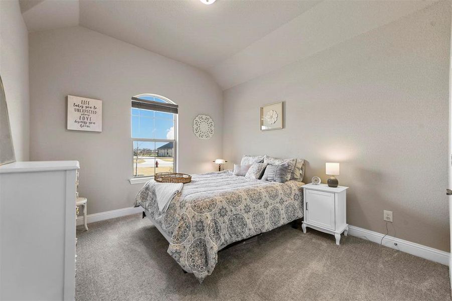 Carpeted bedroom with lofted ceiling