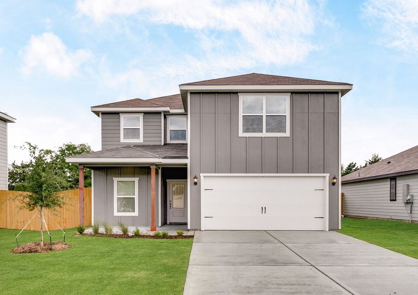 The two-story Driftwood plan is a beautiful siding home.