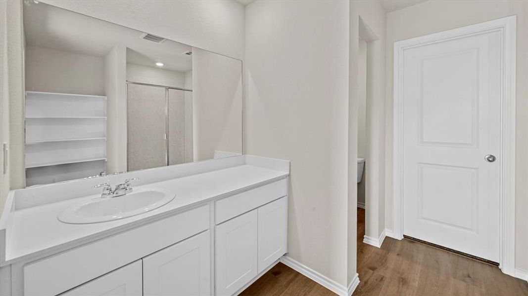 Full bath featuring a shower stall, vanity, dark wood-style floors, and a closet