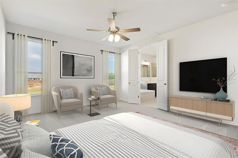 Bedroom with light carpet, multiple windows, and ceiling fan