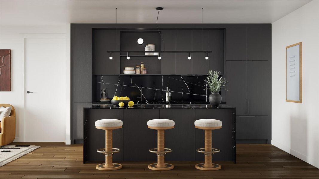 The Onyx palette adds drama with wood grain cabinets, veined black quartz, and black stainless Bosch appliances.