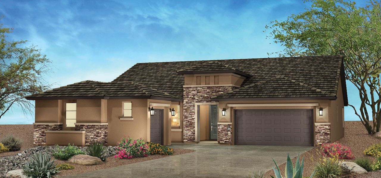 Representative exterior photo of a completed home built from the Miramonte by Robson Resort Communities in Robson Ranch Arizona, Eloy, AZ (Image 1).