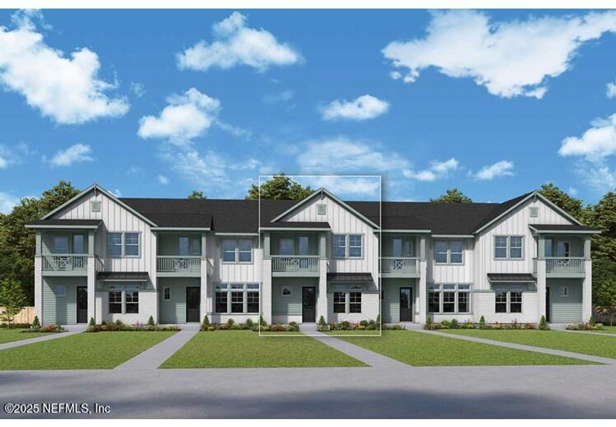 Front exterior of a new home in Seven Pines 24' Rear Entry Townhomes, Jacksonville, FL, highlighting curb appeal (Image 1). Front exterior of a new home in Seven Pines 24' Rear Entry Townhomes, Jacksonville, FL, highlighting curb appeal (Image 1).