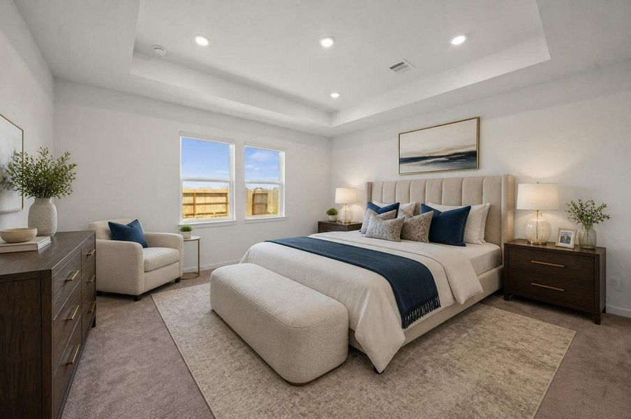 The primary bedroom offers a calm first-floor retreat with elevated ceilings and a balanced furniture layout. The neutral finishes keep the room clean and easy to style. Virtually staged. The primary bedroom offers a calm first-floor retreat with elevated ceilings and a balanced furniture layout. The neutral finishes keep the room clean and easy to style. Virtually staged.