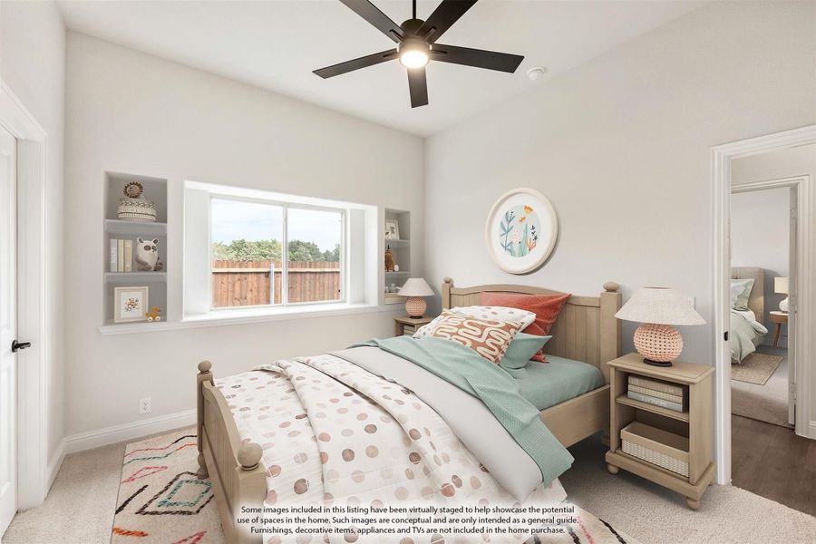 Children's bedroom with built-in wall shelves, ceiling fan, and wood-frame bed with colorful bedding
