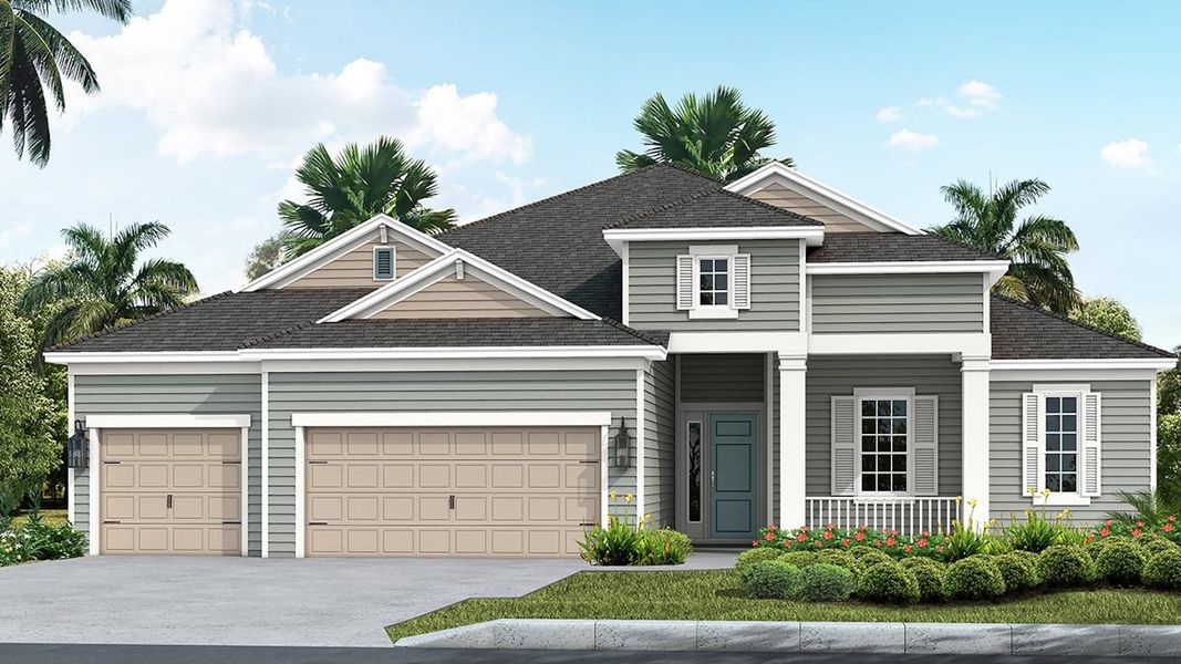 Front exterior of a new home in Canoe Creek Real Estate and Homes for Sale in Parrish, FL - Neal Communities, Parrish, FL, highlighting curb appeal (Image 26).