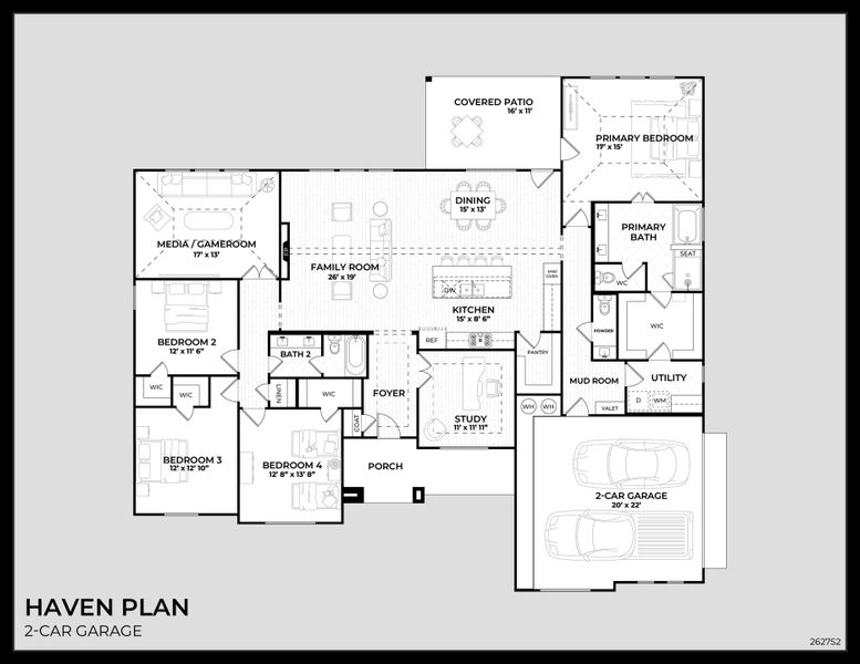 2D floor plan layout for the Haven by Dunhill Homes in Wossum Ranch, Weatherford, TX (Image 1). 2D floor plan layout for the Haven by Dunhill Homes in Wossum Ranch, Weatherford, TX (Image 1).