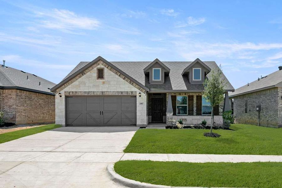 Front exterior of a new home in Baker Farms, Cleburne, TX, highlighting curb appeal (Image 14). Front exterior of a new home in Baker Farms, Cleburne, TX, highlighting curb appeal (Image 14).