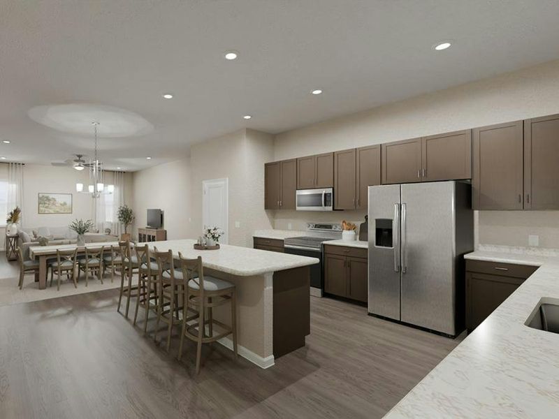 Your bright, open kitchen includes an island, pantry, and sunny adjacent dining space.