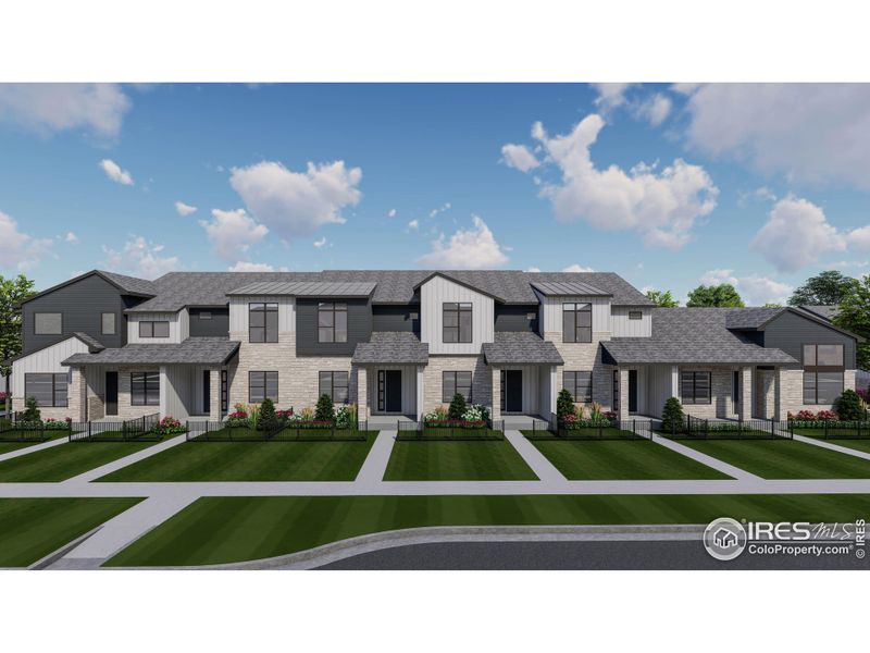Front exterior of a new home in Highlands at Fox Hill - The Towns, Longmont, CO, highlighting curb appeal (Image 1).