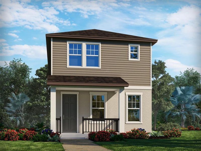 Front exterior of a new home in The Meadow at Crossprairie Bungalows, St. Cloud, FL, highlighting curb appeal (Image 1).