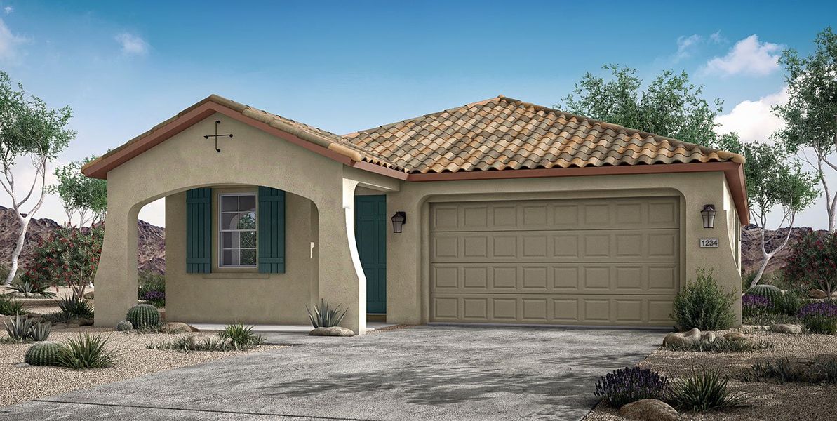 Front exterior of a new home in Mesquite at North Creek, Queen Creek, AZ, highlighting curb appeal (Image 2). Front exterior of a new home in Mesquite at North Creek, Queen Creek, AZ, highlighting curb appeal (Image 2).