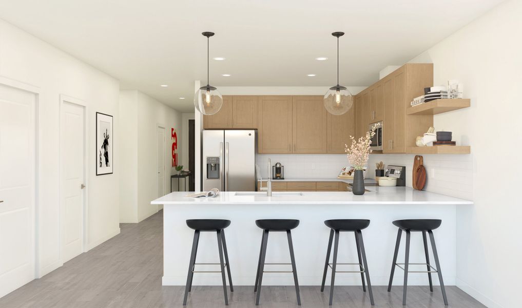 Kitchen with peninsula island & floating shelves