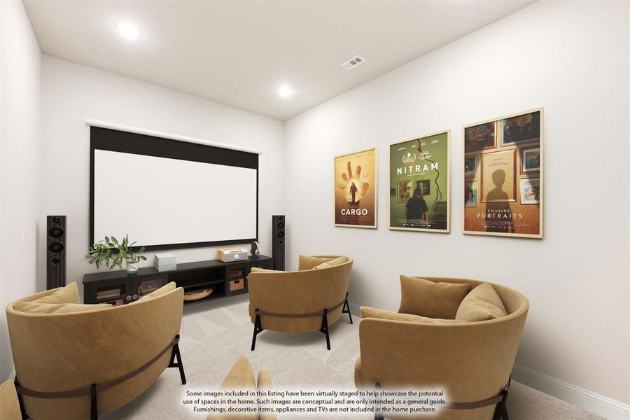 Home theater room with large projection screen, four tan chairs, and movie posters on the wall Home theater room with large projection screen, four tan chairs, and movie posters on the wall