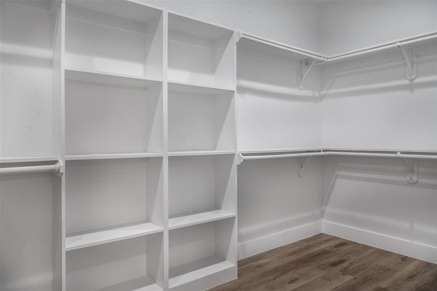 Walk in closet featuring dark wood-type flooring