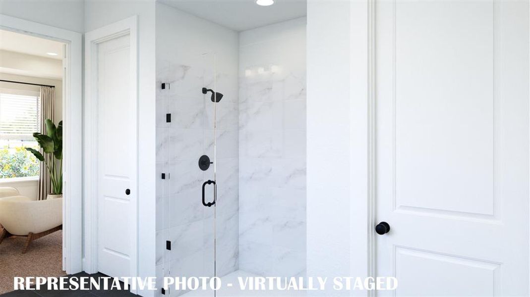 Along with a wonderful soaking tub, your new owner's bath features a dreamy oversized walk in shower.  VIRTUALLY STAGED RENDERING