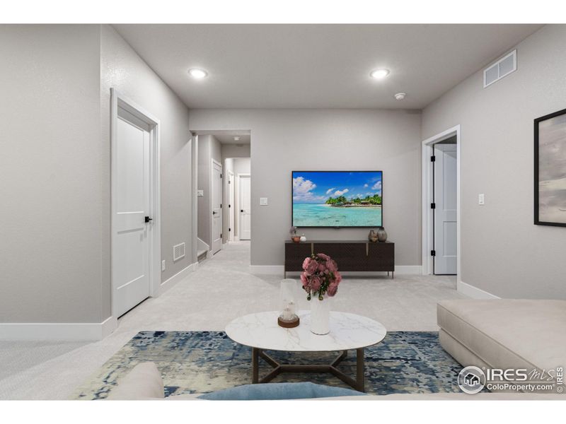 Virtually staged basement media area