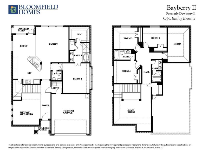 Bloomfield Homes Bayberry II two-story floor plan with four bedrooms, game room, and two-car garage.