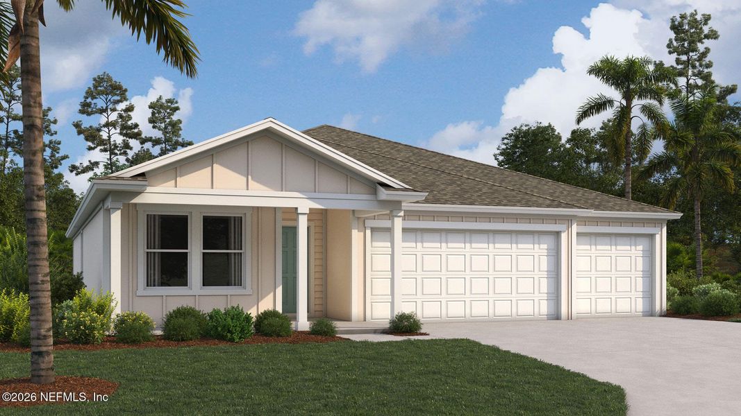 Front exterior of a new home in Sawmill Branch, Palm Coast, FL, highlighting curb appeal (Image 1). Front exterior of a new home in Sawmill Branch, Palm Coast, FL, highlighting curb appeal (Image 1).