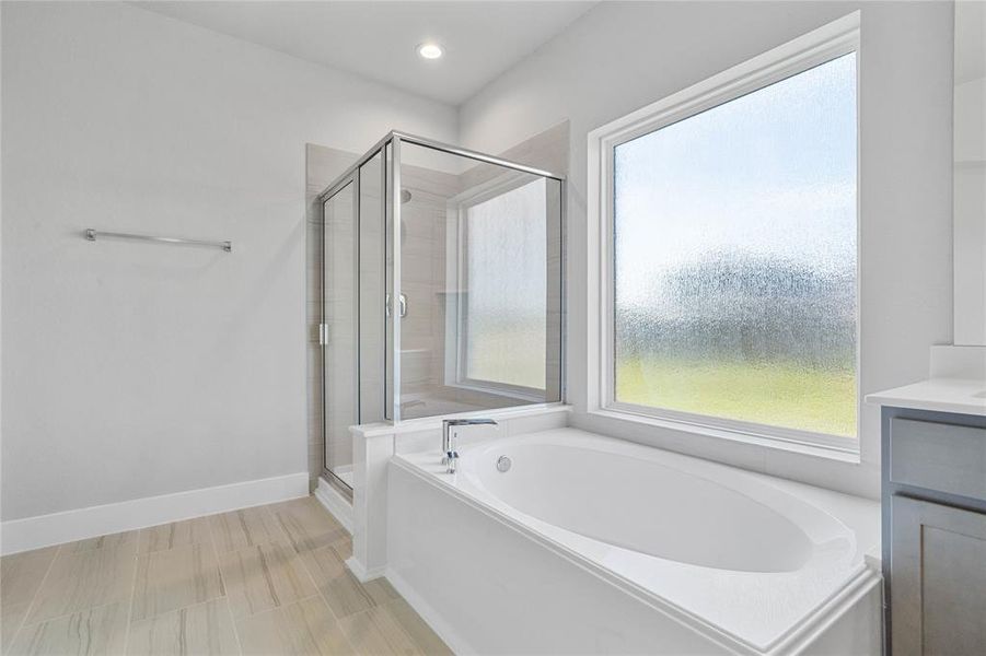 This additional view of the primary bath showcases a walk-in shower with tile surround and a separate garden tub perfect for soaking after a long day.