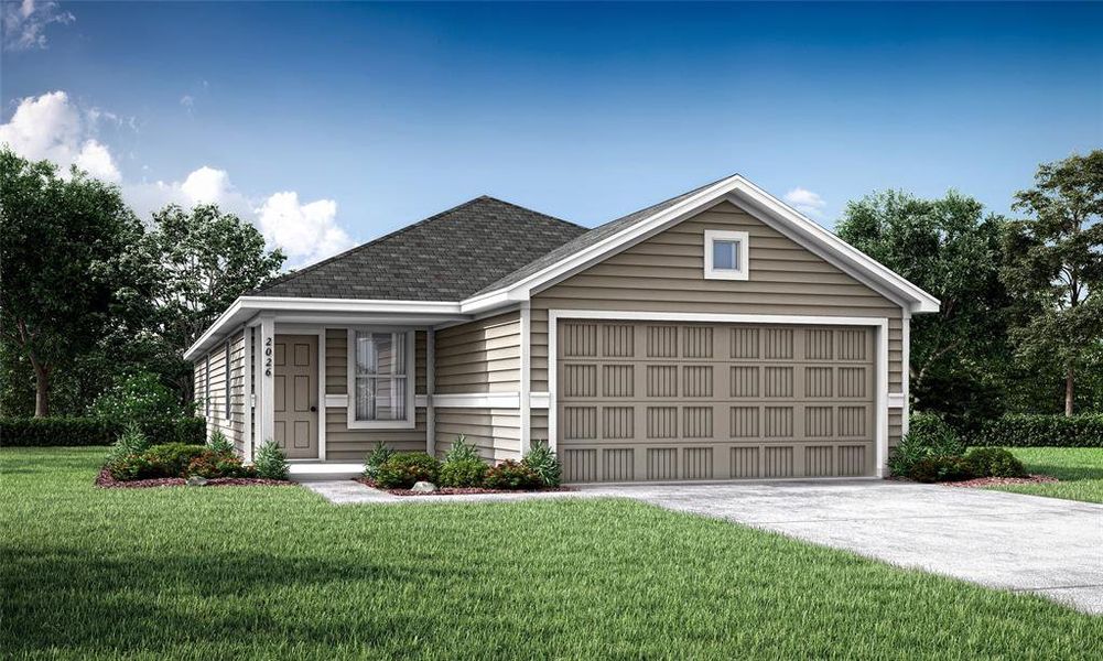 View of front of home with a garage and a front yard