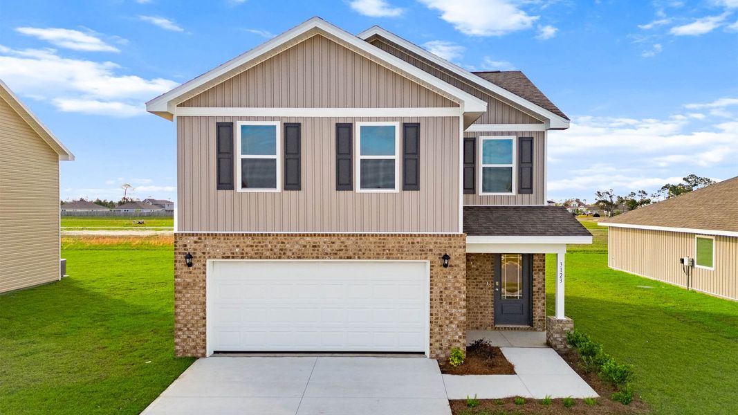 Front exterior of a new home in Hodges Bayou Plantation, Panama City, FL, highlighting curb appeal (Image 2). Front exterior of a new home in Hodges Bayou Plantation, Panama City, FL, highlighting curb appeal (Image 2).