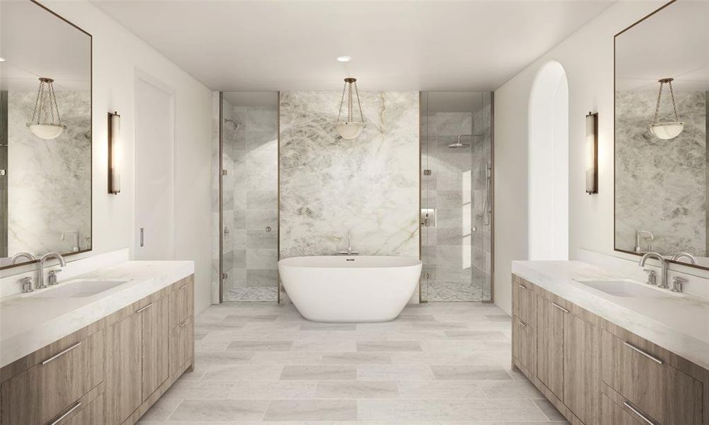 Awaken your everyday senses in this bathroom oasis, where every detail has been meticulously crafted to create a sanctuary of tranquility and refinement. Let the soothing ambiance and exquisite design transport you to a realm of unparalleled luxury. (Design, colors, finishes, selections all subject to change).