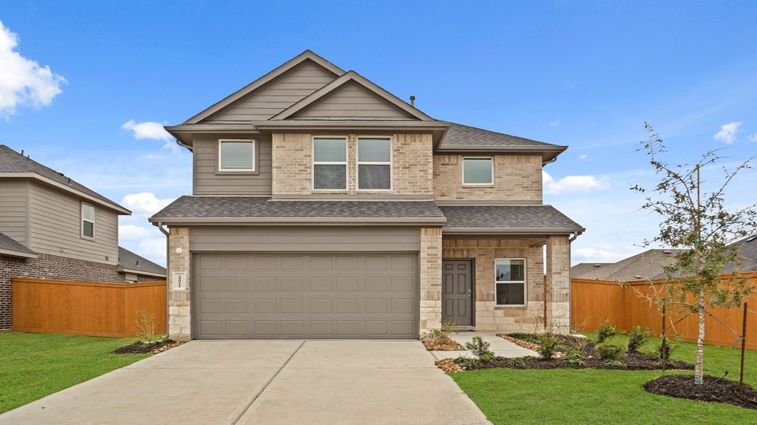 Representative exterior photo of a completed home built from the Renae by D.R. Horton in Cypress Green, Hockley, TX (Image 1). Representative exterior photo of a completed home built from the Renae by D.R. Horton in Cypress Green, Hockley, TX (Image 1).