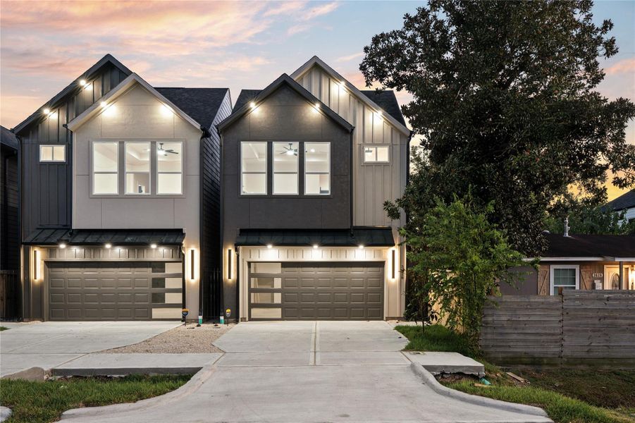 Modern facade illuminated at dusk, highlighting bold rooflines and private driveways in one of Houston’s fastest-growing neighborhoods, South Union! Modern facade illuminated at dusk, highlighting bold rooflines and private driveways in one of Houston’s fastest-growing neighborhoods, South Union!