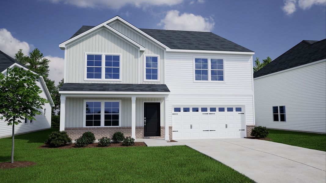 Representative exterior photo of a completed home built from the Warren - Genesis Value Collection by Mungo Homes in Meadows at Lilah Grove, Summerfield, NC (Image 4).