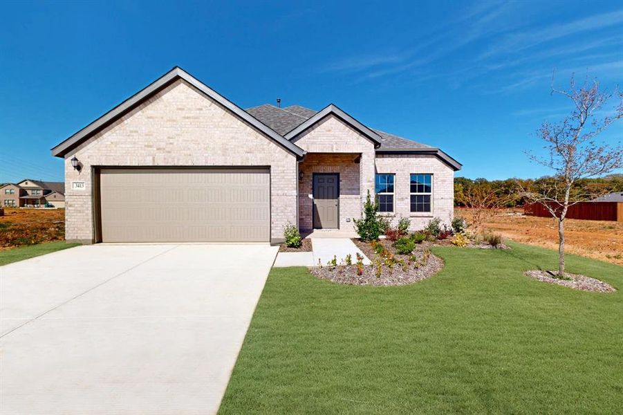 Front exterior of a new home in Kings Way, Denton, TX, highlighting curb appeal (Image 19).
