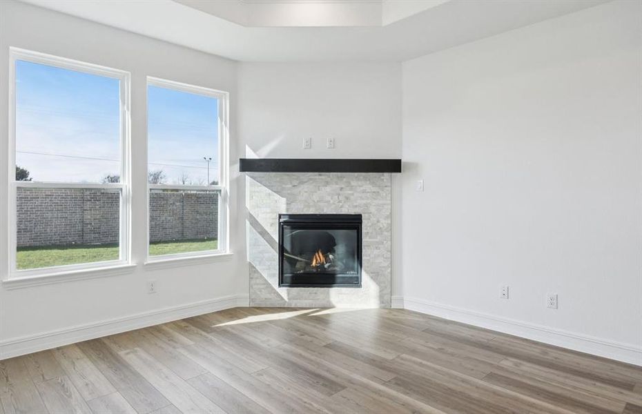 Corner fireplace in gathering room