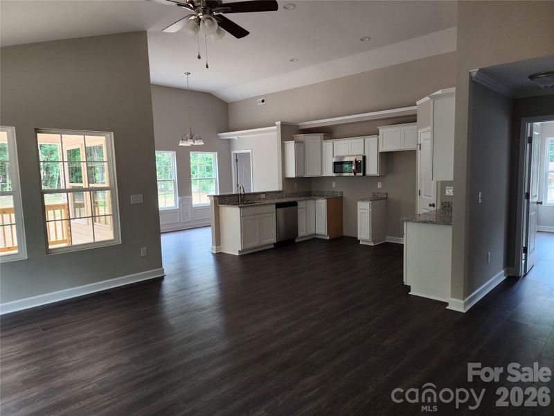 Vaulted Living Room, Open to Decorative Kitchen and Dining Area