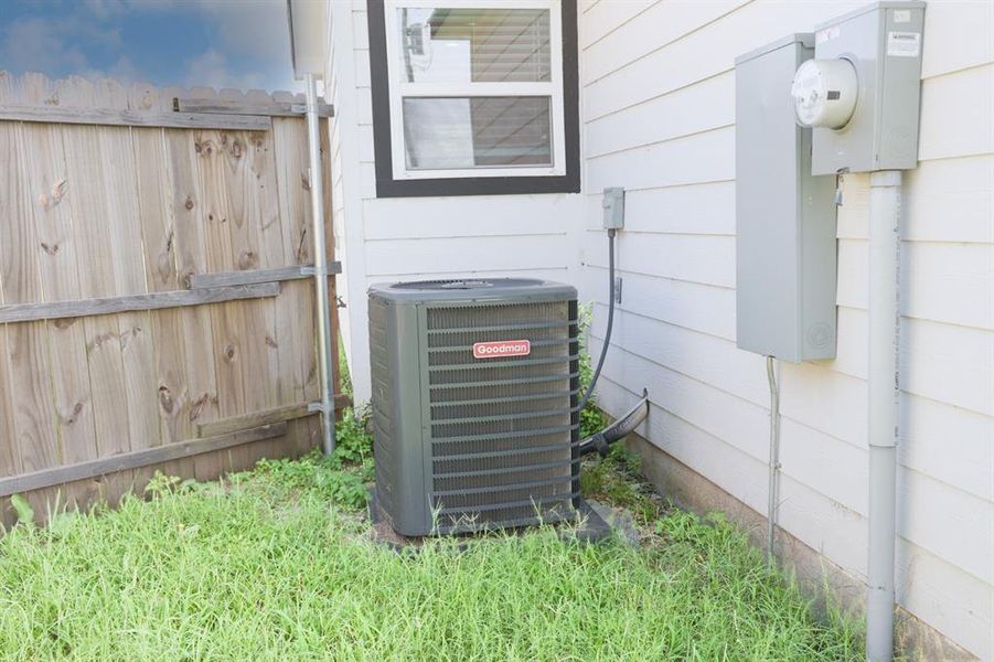 Exterior view of a cooling unit and electric meter