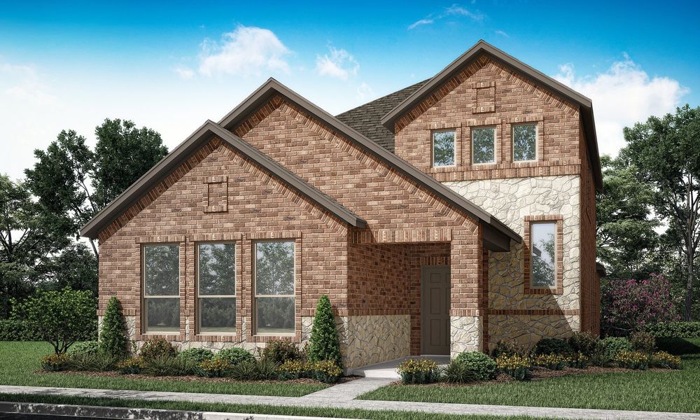 Representative exterior photo of a completed home built from the Overture by Impression Homes in Redden Farms – Active Adult, Midlothian, TX (Image 2). Representative exterior photo of a completed home built from the Overture by Impression Homes in Redden Farms – Active Adult, Midlothian, TX (Image 2).