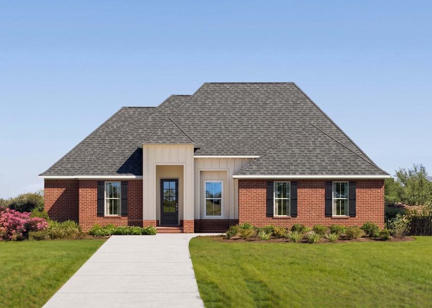 Representative exterior photo of a completed home built from the Kensington III H by DSLD Homes in Steamboat Landing at Hammock Bay, Freeport, FL (Image 1). Representative exterior photo of a completed home built from the Kensington III H by DSLD Homes in Steamboat Landing at Hammock Bay, Freeport, FL (Image 1).