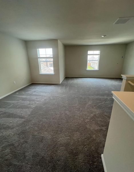 A spacious game room features soft carpeting and natural light from multiple windows.