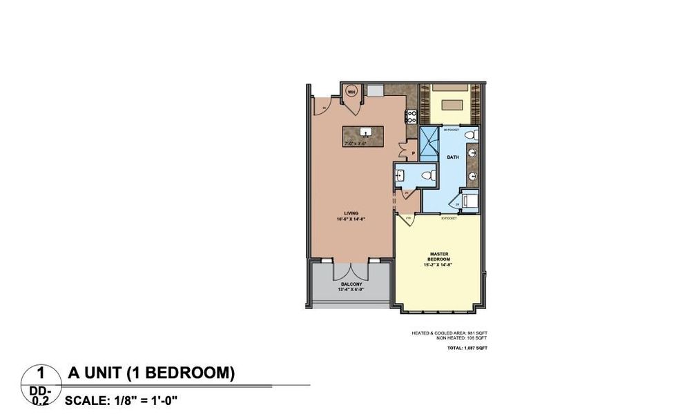 2D floor plan layout for the 1 Bedroom Condos by Prosperity in Prosperity, Charlotte, NC (Image 3).