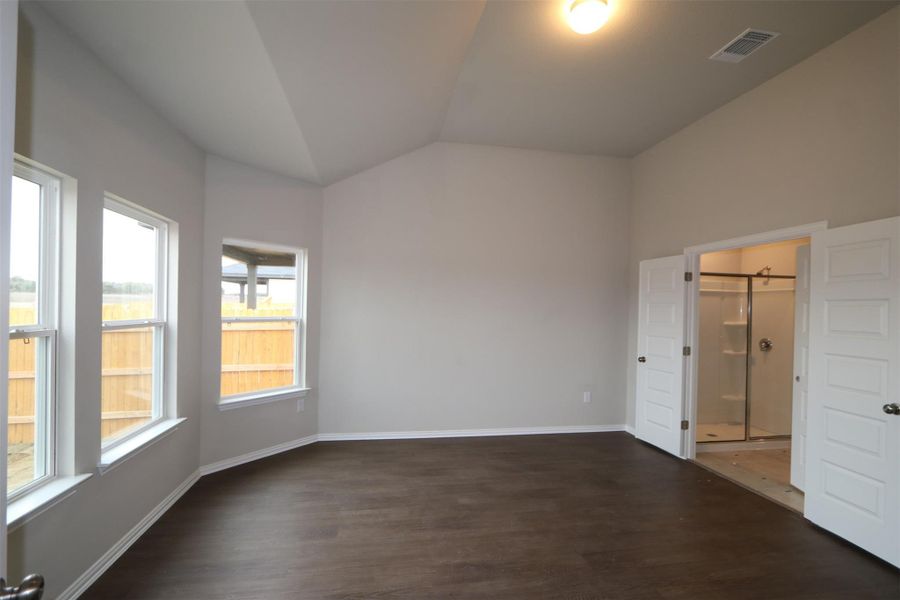 Unfurnished bedroom featuring a walk in closet, a closet, dark hardwood / wood-style flooring, and lofted ceiling