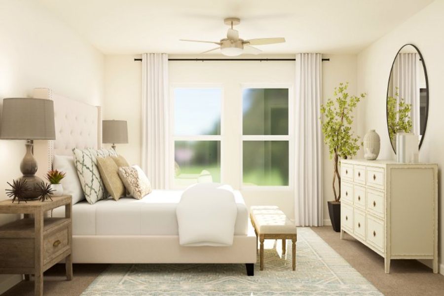 A living room with a white couch and a fan. A living room with a white couch and a fan.