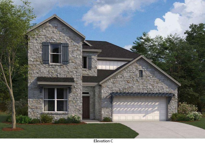 Front exterior of a new home in Edgewood, Leander, TX, highlighting curb appeal (Image 1). Front exterior of a new home in Edgewood, Leander, TX, highlighting curb appeal (Image 1).