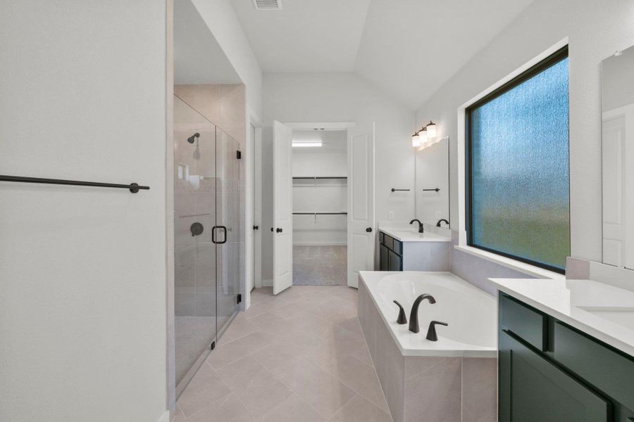 Primary Bath retreat with dual vanities, garden tub & walk-in shower