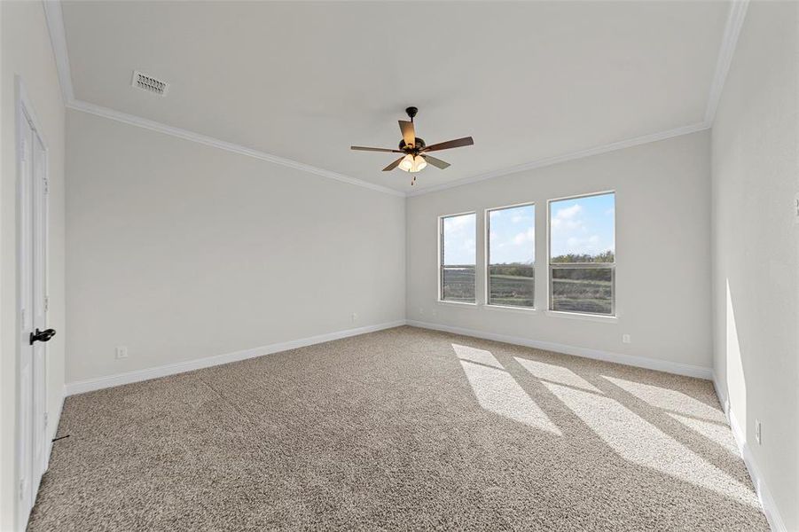 Carpeted spare room with ceiling fan and crown molding