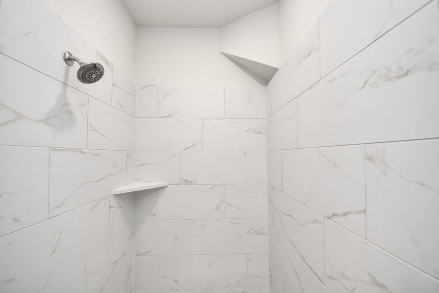 Oversized walk-in shower with built-in shelving and modern fixtures.