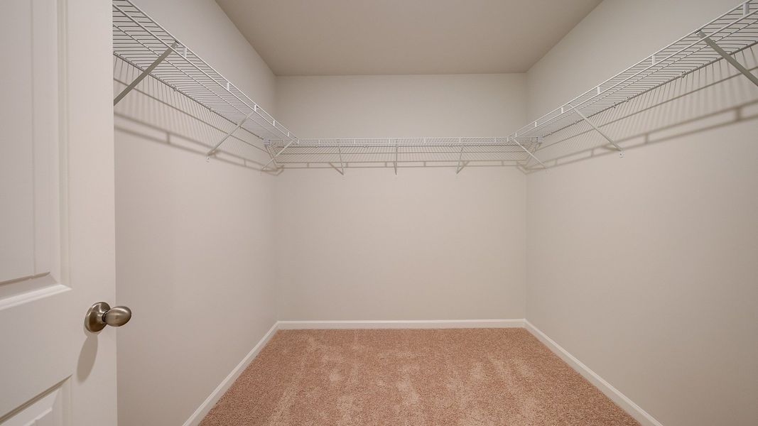 Primary closet with carpet flooring and built-in shelves for organization in the Ridgewood at Bowers Farm in McDonough, GA.