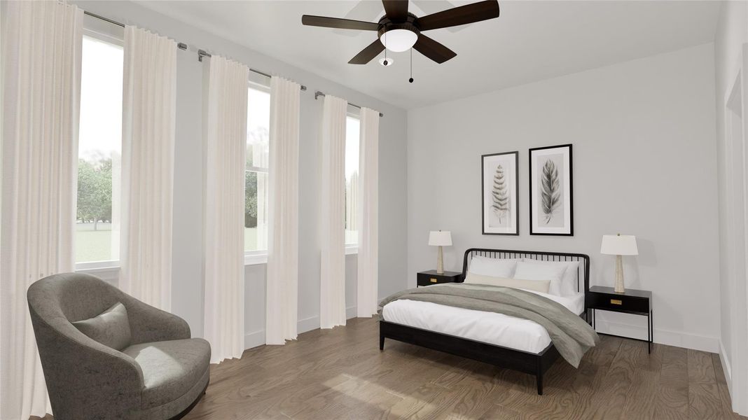 The master bedroom has three windows that face the private backyard.