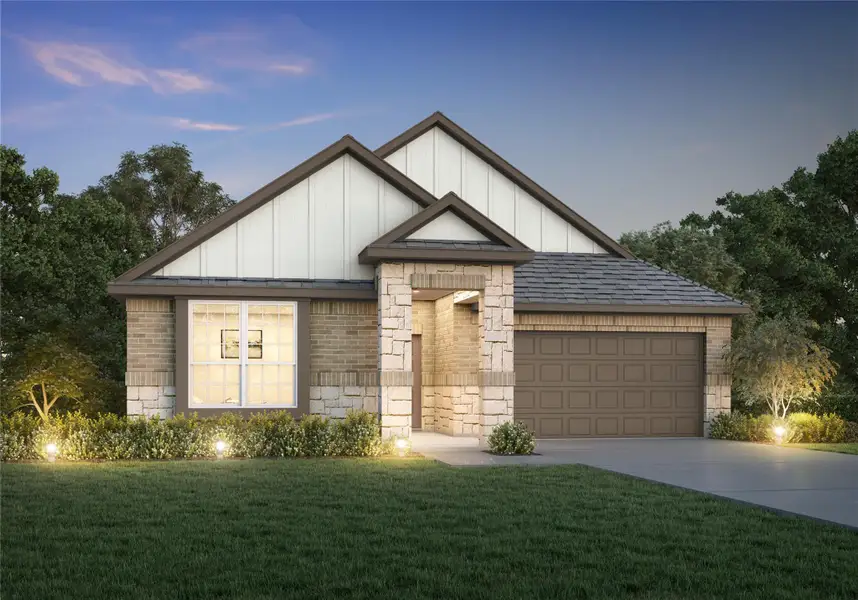 Front exterior of a new home in Bluestem, Brookshire, TX, highlighting curb appeal (Image 1).